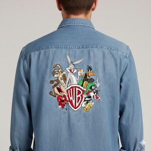 Warner Bros Button Up Shirt Mens M Blue Looney Tunes Y2K Cartoon Streetwear